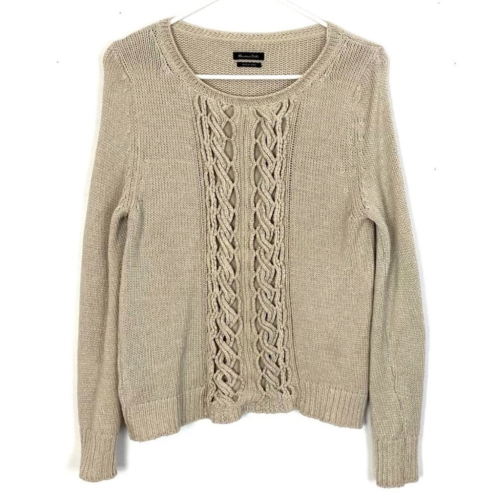 Massimo Dutti Metallic Crewneck Sweater Pullover Womens Size Medium Beige Grey